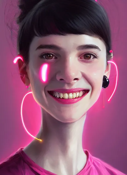 Image similar to portrait of high school girl, realistic, black hair, bangs, half updo hairstyle, pointy nose, skinny, smile, ugly, defined jawline, big chin, pink hair bow, earrings, intricate, elegant, glowing lights, highly detailed, digital painting, artstation, sharp focus, illustration, art by wlop, mars ravelo and greg rutkowski