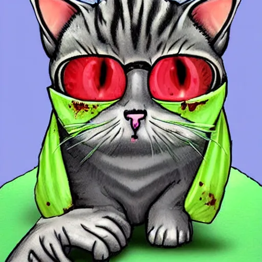 Image similar to zombie chuthullu cat with a flip cap, realistic