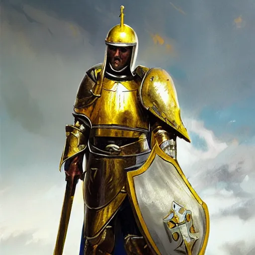 Image similar to man in decorated crusader armor, helmet and white cape with yellow kingdom of jerusalem emblem on it drawn by greg rutkowski realistic high detail