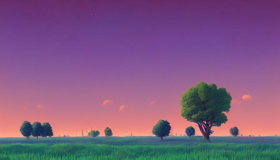 Image similar to colourful sky, wheat field, radio telescope, big trees, matte painting, art station, digital art, simon stalenhag