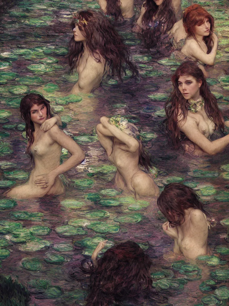 Image similar to illustration studio portrait of three dark beautiful mermaids female energy in artistic poses in the river at the forest, monet painterly motives and textures pattern, hyper detailed, octane render, vivid colors, artstation, by jeremy mann, by alphonse mucha, by monet