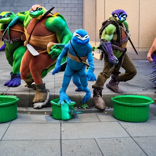 Prompt: Epic shot of Teenage Mutant Ninja Turtles coming out from the sewers