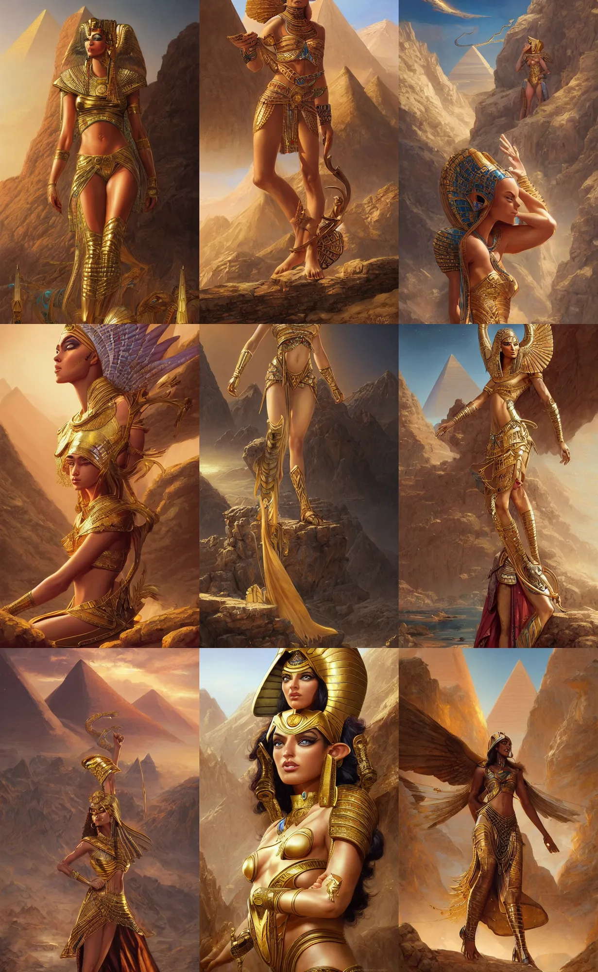 Prompt: golden skin, egyptian goddess of magic, mountain background, highly detailed, digital painting, artstation, concept art, sharp focus, illustration, orientalism, art by aleksi briclot and mohrbacher and raphael lacoste and magali villeneuve