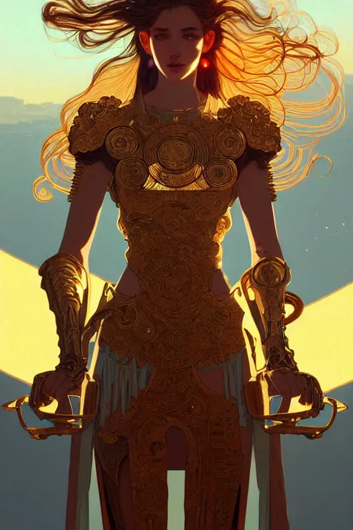 Image similar to portrait knights of zodiac girl, golden and copper shining armor, in ruined agora of athens sunrise, ssci - fi and fantasy, intricate and very very beautiful and elegant, highly detailed, digital painting, artstation, concept art, smooth and sharp focus, illustration, art by tian zi and ilya kuvshinov and wlop and alphonse mucha