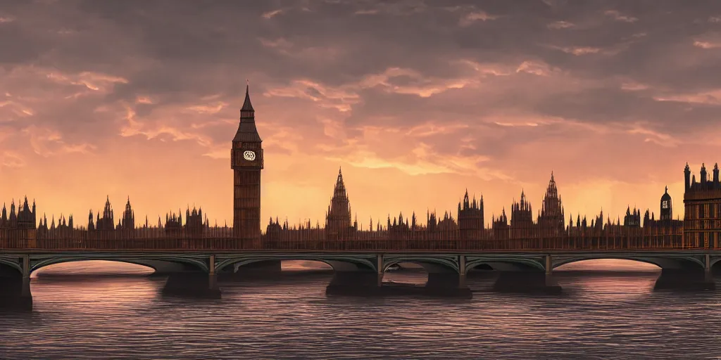 Image similar to london in the 1800s, sun set, photorealistic, 8k,