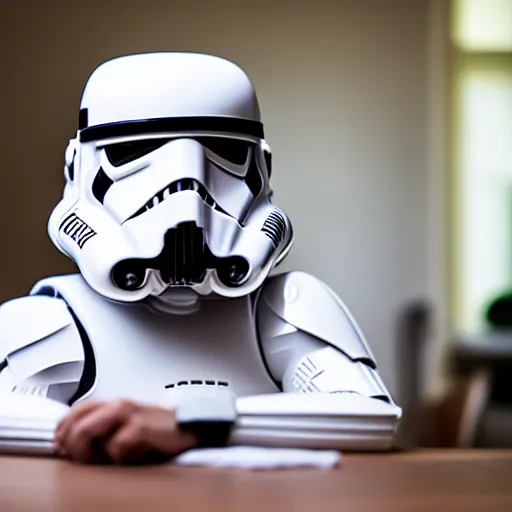 Image similar to a cat wearing a stormtrooper helmet covering the whole face while on the kitchen table, standing up, 40nm lens, shallow depth of field, split lighting, 4k,