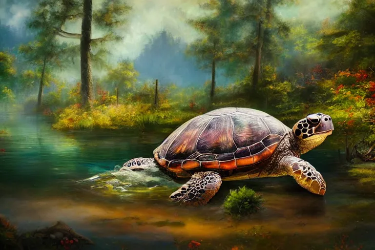 Image similar to highly detailed oil painting of a turtle man sitting in a steaming colorful hotspring with woodland forest backdrop, featured on artstation