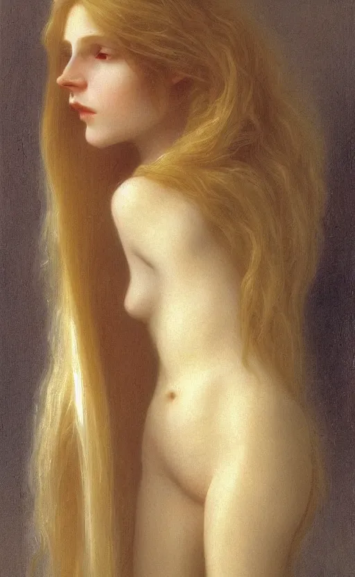 Prompt: white alien slender elegant with long blond hair, golden cloth, bouguereau