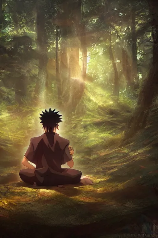 Image similar to photorealistic dark fantasy concept art of Naruto meditating in a forest, dynamic lighting, stunning visuals, realism, cinematic, hyper detailed, ultra detailed, beautiful visuals and sunset