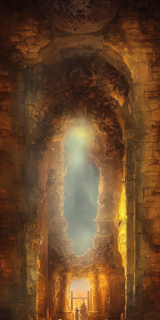 Image similar to Detailed Exterior of Gateway To Monastery Courtyard, light shafts, Ancient Statue, stunning atmosphere, in Style of Peter Mohrbacher, cinematic lighting