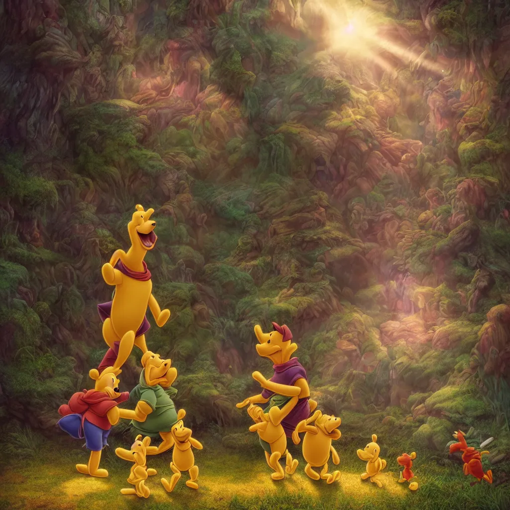 Image similar to epic finale scene of winnie the pooh being betrayed by goofy and donald duck, intricate, epic, elegant, menacing, fantasy, highly detailed, digital painting, hard focus, beautiful volumetric lighting, epic light, ultra detailed, by Leesha Hannigan, Ross Tran, Thierry Doizon, Kai Carpenter, Ignacio Fernández Ríos