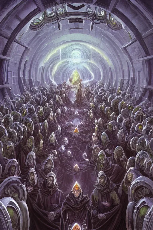 Image similar to a quantum computer surrounded by a dark cabal of hooded elven mystics with long robes gathered in a circular formation, michael whelan, dan seagrave, boris vallejo