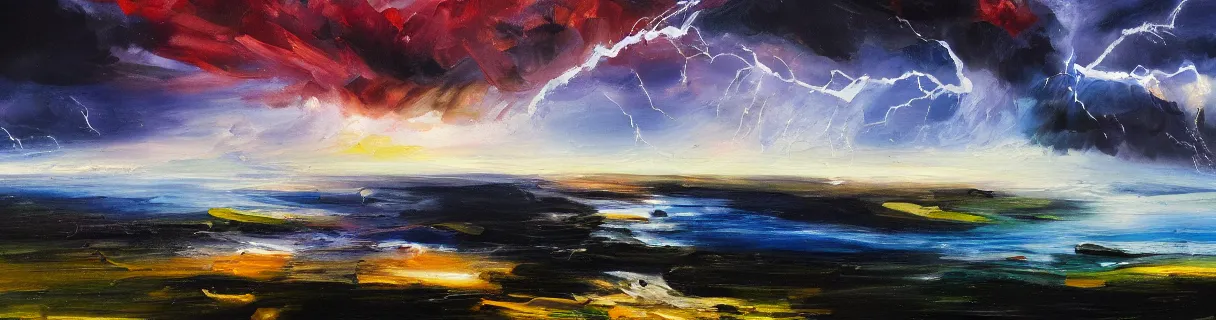 Image similar to lightning in the distance epic landscape painting heavy brushstrokes thick oil paint smears ultrawide