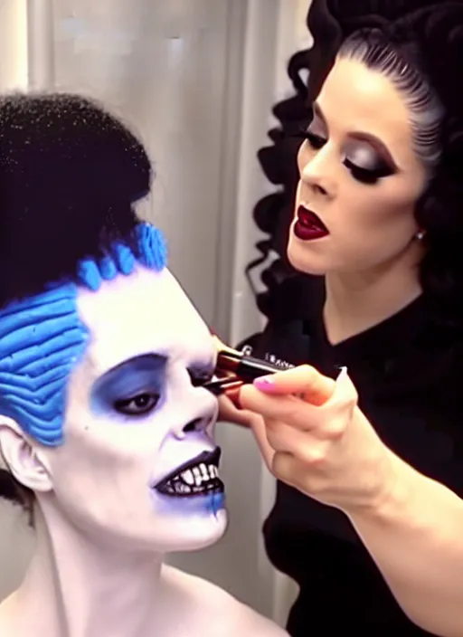 Prompt: video still from instagram, the bride of frankenstein doing a make up tutorial