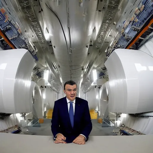 Prompt: the president of spain pedro sanchez sitting in a cooling tower of a nuclear power plant