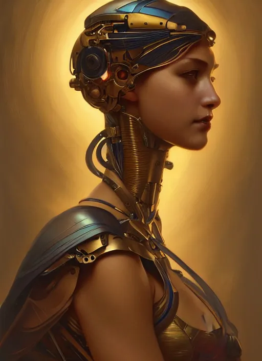 Image similar to portrait of mechanical angel, beautiful girl, intrigante, headshot, highly detailed, digital painting, artstation, concept art, sharp focus, cinematic lighting, illustration, art by artgerm and greg rutkowski, alphonse mucha, cgsociety