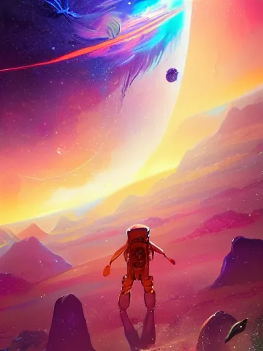 Image similar to concept art of an alien outer space galaxy, open expanse, stars, meteorites, floating debris, beautiful, fantasy, colorful, cinematic lighting, artstation, trending, highly detailed, focus, smooth, by studio ghibli, rossdraws, hirohiko araki, conrad roset, yoshitaka amano