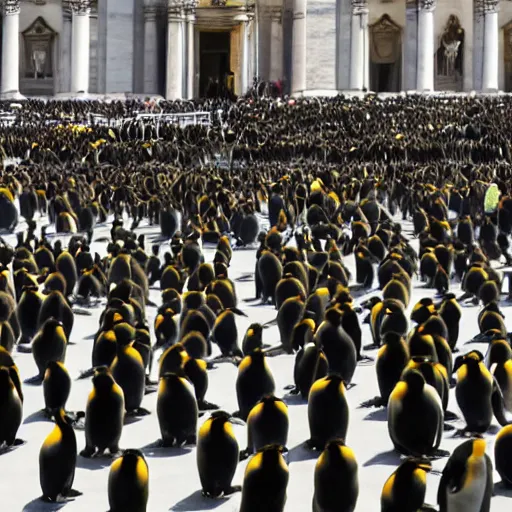 Prompt: Raid of armed king penguins on vatican citizens at Peter's square