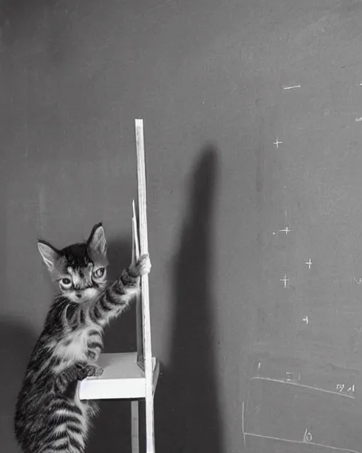 Image similar to a tall kitten standing in from of a blackboard writing math formulae, realistic photo, 1970s