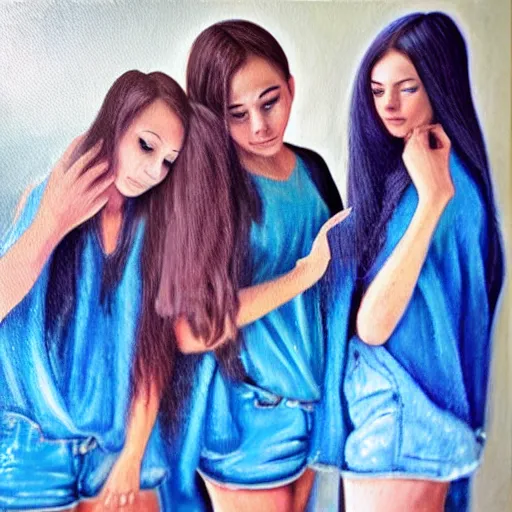 Image similar to “springbreak party, 3 teenage girls, blue tones, hyper realistic oil painting”