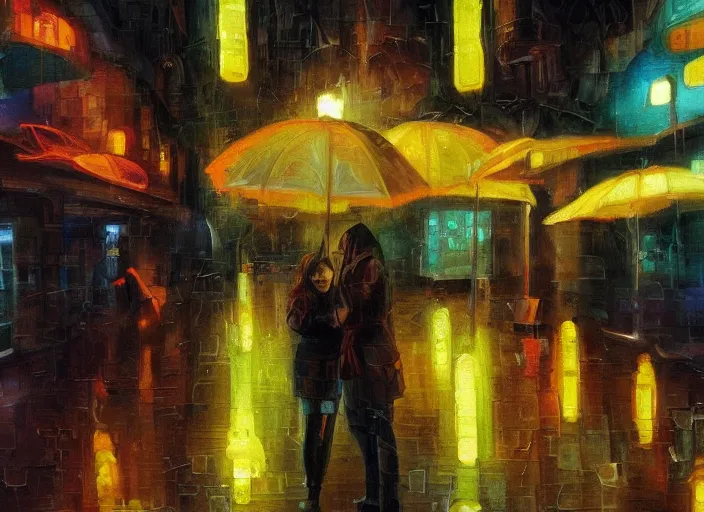 Image similar to melancholy rainy night in a cyberpunk cafe, oil on canvas