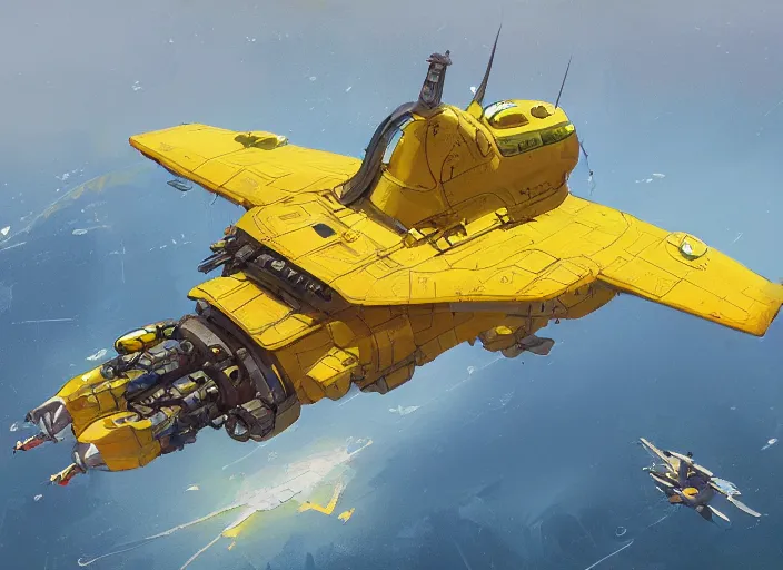 Image similar to a painting of a futuristic yellow submarine plane flying through the sky, concept art by Ian McQue, cgsociety, highly detailed, artstation, concept art, sci-fi