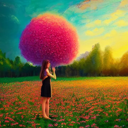 Image similar to large flower as a face, girl standing in a flower field, surreal photography, big trees, sunrise dramatic light, impressionist painting, colorful clouds, digital painting, pointillism, artstation, simon stalenhag