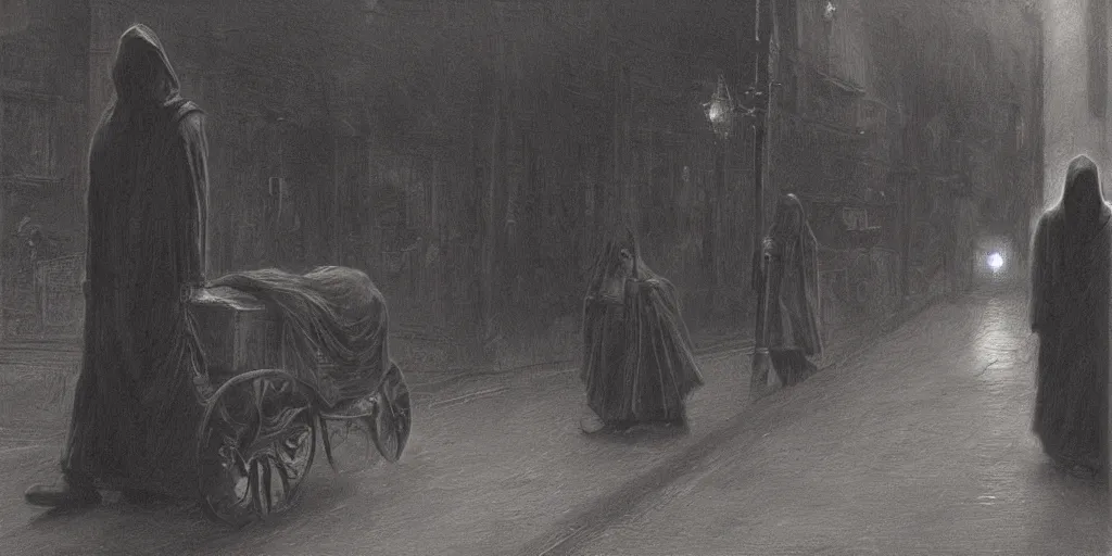 Image similar to a cloaked man dragging a black wooden coffin down the street by a chain lit only by gas lamps by john howe and henry ossawa tanner, trending on artstation, hyperrealism, highly detailed, art gallery, museum piece