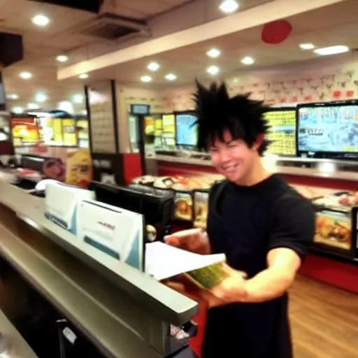 Image similar to a grainy cell phone photo of goku spotted working the cash register at a fast food restaurant.