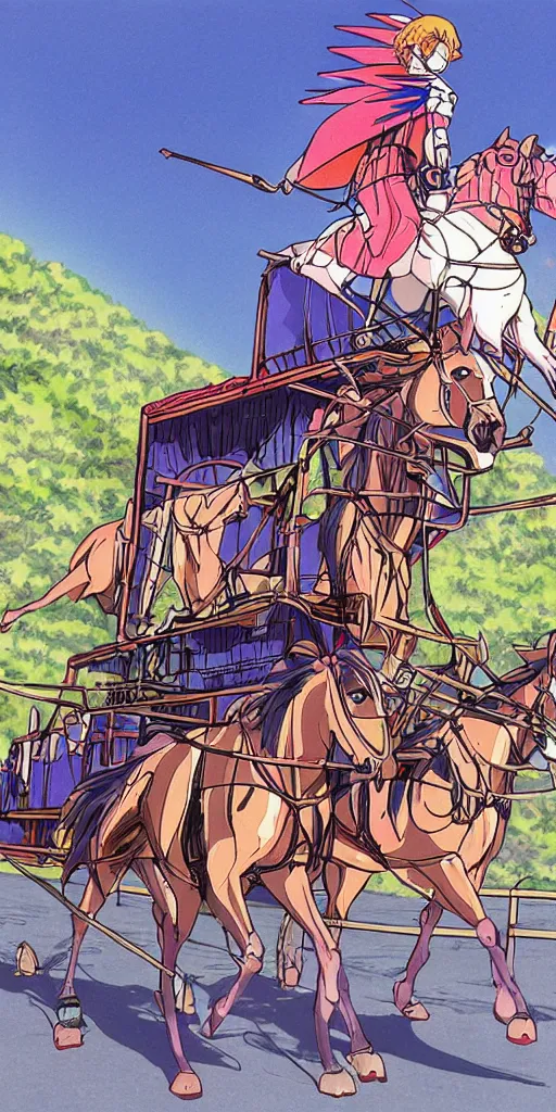 Image similar to a chariot drawn by horse in japan, 1990s anime, full color,