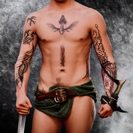 Prompt: a beautiful young tatooed male fantasy warrior with blond curly hairs, fit, armed with a flaming sword
