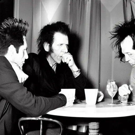 Image similar to tom waits, shane mcgowan and nick cave eat dinner together