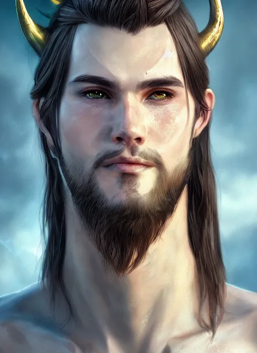 Prompt: portrait of a handsome young clean - shaven warrior with horns and long hair, epic landscape, realistic anime, highly detailed, unreal engine 5, 8 k, digital fantasy illustration, art by rossdraws, sharp focus, octane render, trending on artstation,
