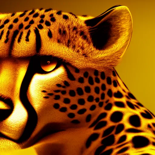 Image similar to closeup profile shot of a cheetah with neon spots, city lights, strong bokeh, dramatic, cinematic, high contrast, octane render, cgsociety, artstation, 4k