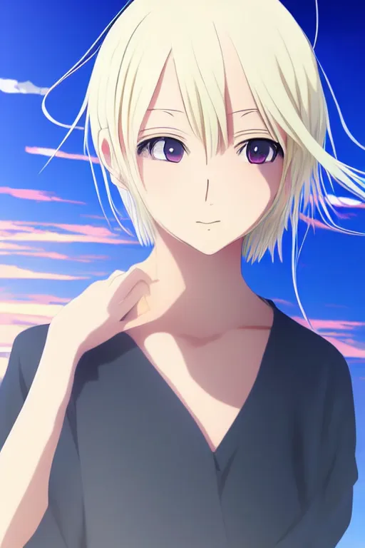 Image similar to anime art full body portrait character concept art, anime key visual of elegant young female, platinum blonde straight bangs and large eyes, finely detailed perfect face delicate features directed gaze, laying down in the sand at sunset at a beach trending on pixiv fanbox, studio ghibli, extremely high quality artwork