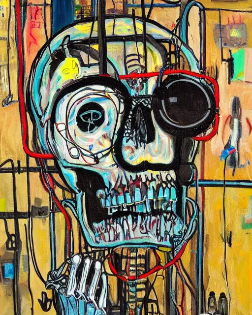 Image similar to oil neo expressionism painting of cyberpunk skull skeleton tethered to a bunch of wires and cords and chains wearing a vr oculus headset by basquiat