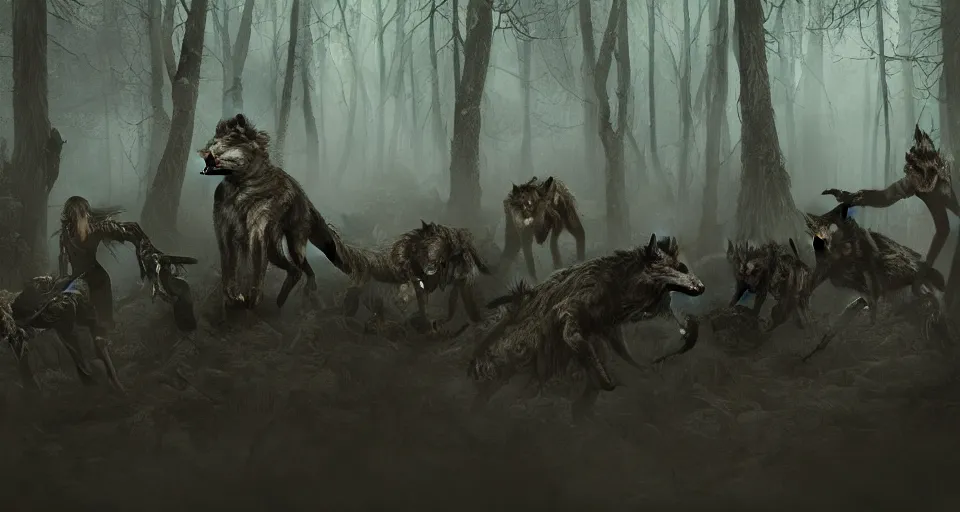 Image similar to an epic action concept masterpiece of a rabid wolfpack, in a forest made of nightmares, inspired by sd ai. horrific digital art, extremely moody lighting