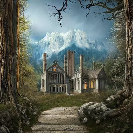 Prompt: a gothic mansion in the woods with mountains in the back, a trail leads to the doors. amy weber, andi rusu, Dan Frazier, matte painting