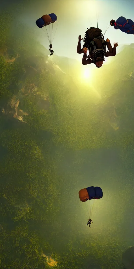 Image similar to downward view of sky divers parachuting downward, Amazon jungle setting, Photorealistic, establishing shot, cinematic lighting, , dramatic lighting, atmospheric, realistic, octane render, highly detailed, color graded, matte painting in the style of craig mullins