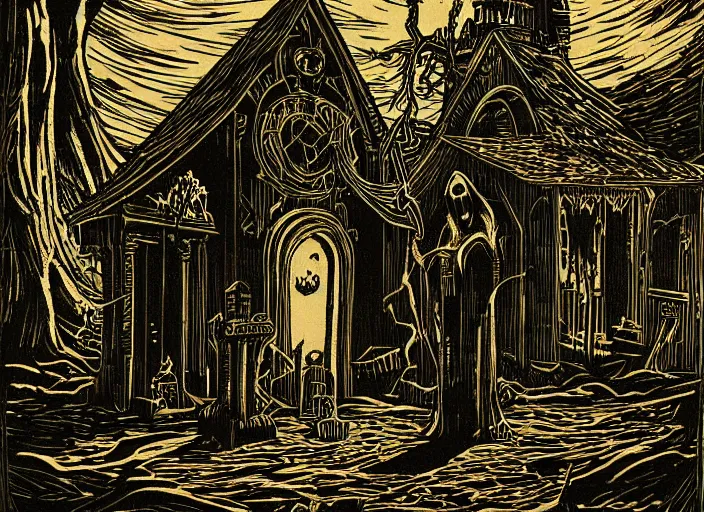 Image similar to two tone woodcut print, halloween ghost in graveyard at midnight by greg rutkowski, fine details, highly detailed