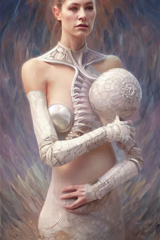 Image similar to ** professional portrait of pregnant peacefull cryogenic female dynamic pose , armor elements , long dark hair, beautiful bone structure, symmetrical facial features, intricate, elegant, digital painting, concept art, smooth, sharp focus, illustration, by Ruan Jia and Mandy Jurgens , and mucha, and Artgerm and William-Adolphe Bouguerea