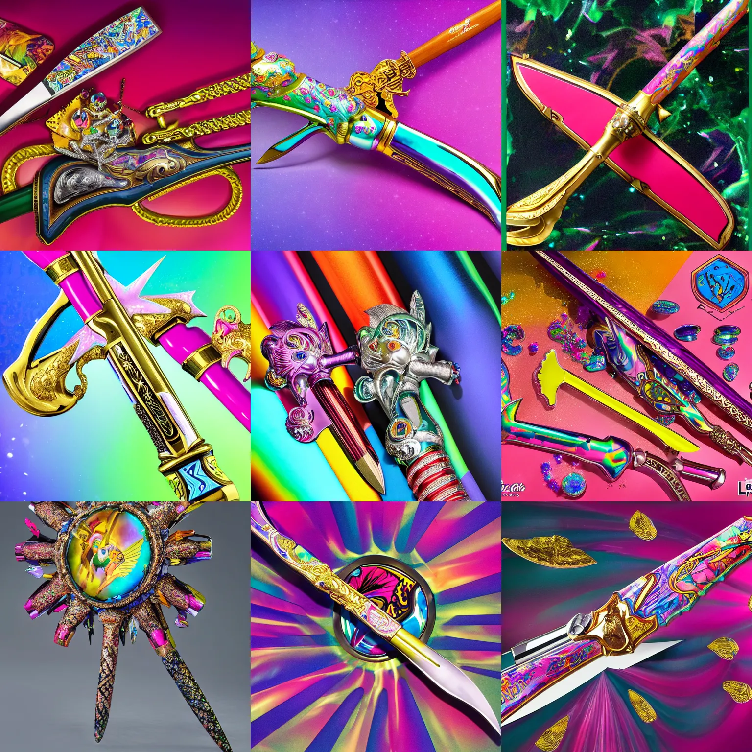 Prompt: legendary melee weapon designed by Lisa Frank in collaboration with The House of Fabergé, high resolution auction photo
