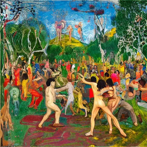 Prompt: 50 GTA NPC's dancing in the garden of eden, happy, painted by Asger Jorn, 8k, Peter Doig, abstract oil paint with thick brushstrokes of paint, ultra detailed, realistic, small spot of thick melting paint drips all over