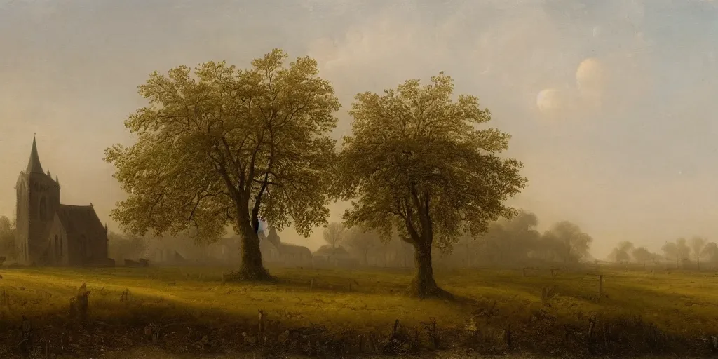 Prompt: a beautiful landscape painting of a giant tree next to a church in the fields, foggy atmosphere, by jan van goyen, oil on canvas, highly detailed, hd, 4 k