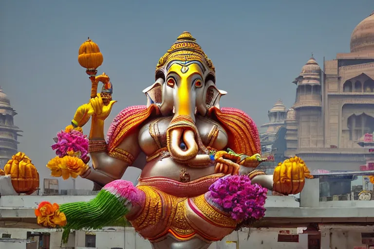 Image similar to beautiful futuristic new delhi, sharp sci - fi ganesha!! building, kalighat flowers, highly detailed cinematic, stephen shore & john j. park, soft morning light, wide shot, high angle, uhd 8 k, shallow depth of field