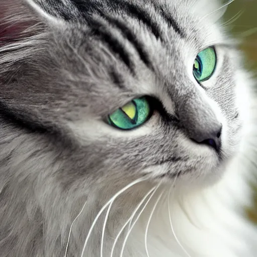 Image similar to Fluffy long fur white and grey cat, yellow eyes, cute, 4K