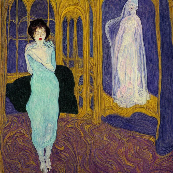 Image similar to woman in transparent vaporous night gown with demonic luminescent white apparition, with city with gothic cathedral seen from a window frame with curtains. nighe, vivid iridescent psychedelic colors, lamps. munch, egon schiele, bosch, bonnard, henri de toulouse - lautrec, utamaro, monet, agnes pelton