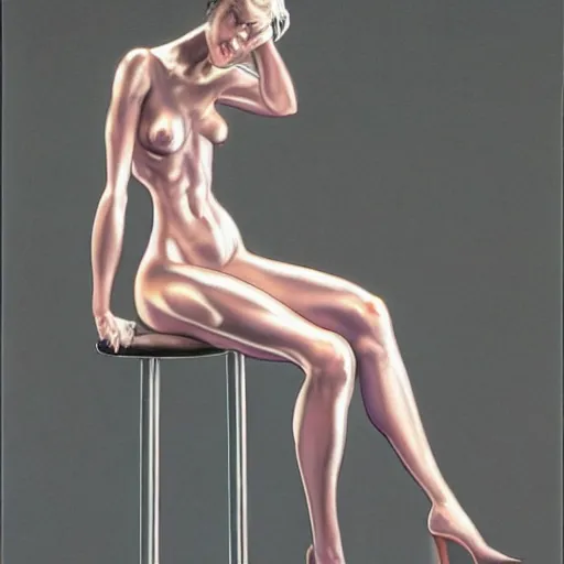 Prompt: artstation a woman posing on a stool, by Hajime Sorayama, very detailed, close up, sideways