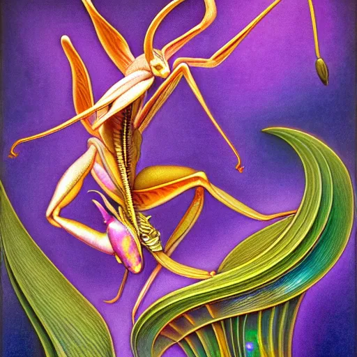 Prompt: majestic colorful orchid mantis enamel by jean delville, cloisonne, iridescent, black opals, beautiful hyperdetailed art nouveau orchids, ultrasharp photorealistic octane render