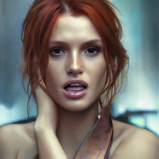 Image similar to bella thorne as lindsey lohan in mean girls, hyperrealistic portrait, bladerunner street, art of elysium by frank frazetta and jeremy mann and alphonse mucha, fantasy art, photo realistic, dynamic lighting, artstation, poster, volumetric lighting, very detailed face, 4 k, award winning